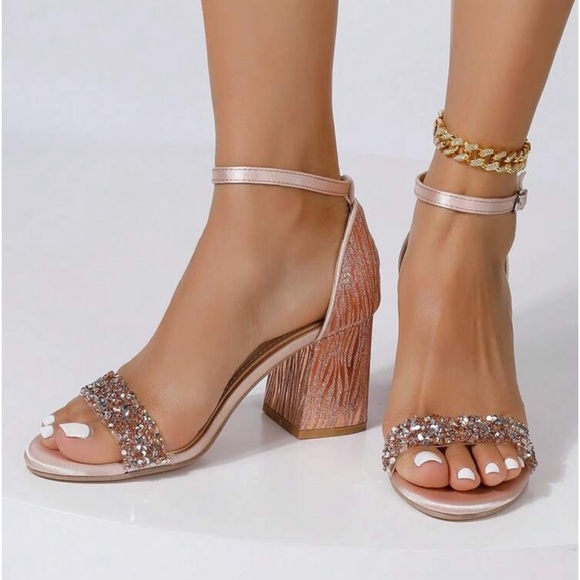 NIB Champagne Rose Gold Glitter Open Toe Chunky Mid Heel Sandals Sz 11 - Picture 5 of 5